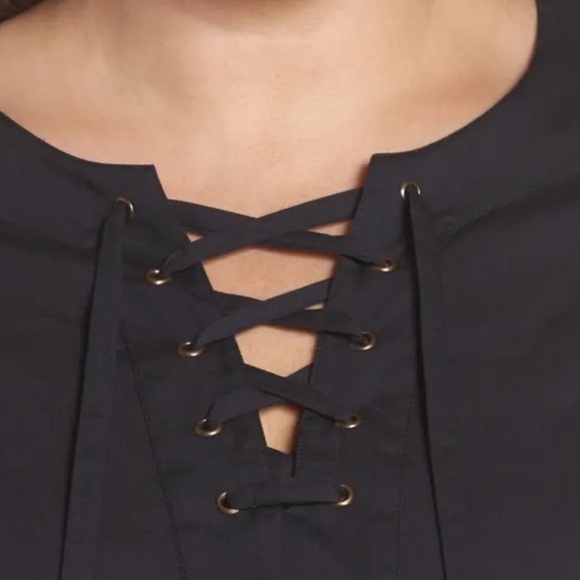 LUCKY Brand Lace Up Poplin Black Ruffle Lightweight Flowy Black M EUC Mini Dress - Picture 5 of 16